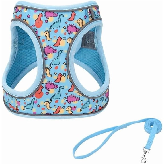 S Blue Dinosaur Pattern Dog Harness and Leash Set,No Escape Puppy Harnesses for Training Walking,Breathable Adjustable Puppy Vest for Small Medium Dogs, Cats (Blue, S)