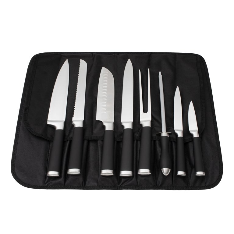 Kitchen Knife Set Black, 5-Piece Knife Set with Roll Bag , Burl Wood  Ergonomic Handle for Chef Knife Set, Knife Sharpener and Kitchen Knives,  Chef Bag
