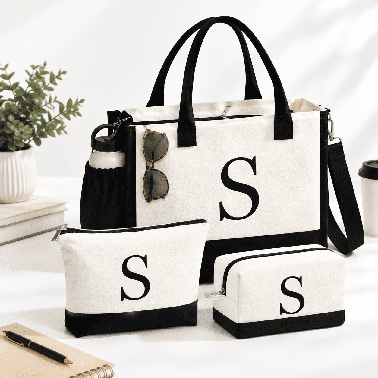 Simple Colorful Makeup S Color 3-Piece Initial Embroidered Canvas Tote Bag and Makeup Bag Set ...