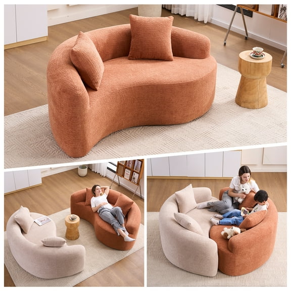 S-Curved Chenille Sectional Sofa: Dual-Depth (21.3" & 26.8"), Coral Pink, No Assembly, Compact for Small Spaces, 400 lbs, 66.9" L