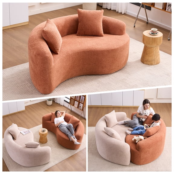 S-Curved Chenille Sectional Sofa, Dual-Depth, Coral Pink, No Assembly, 66.9" | Space-saving, harmonious Tai Chi design, comfortable chenille softness, and dual-depth seating for compact living