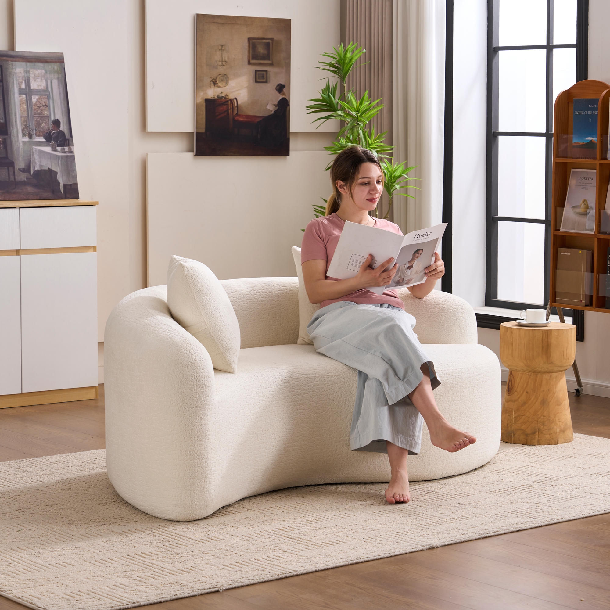 Compact Rounded Sofa S-Curved Chenille Sectional Sofa, Dual-Depth Seating, Compact for Small ...