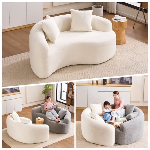 S-Curved Loveseat Single Unit, Dual-Depth Modular Sofa with Full Compression Sponge, Chenille Couch for Small Apartments, White (1 Piece)