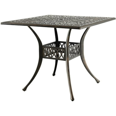 S Dining Table, Cast Aluminum Outdoor Table for 4 Persons, Heavy-Duty Structure, Adjustable Footpads, All-Weather Square Umbrella Table with Hole, 35.4" Lx35.4 Wx29.5 H