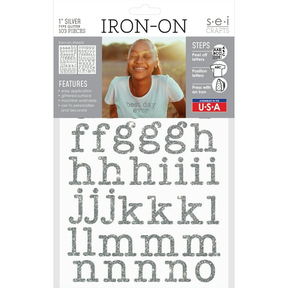 S.E.I. 1-inch Type Glitter Iron-on Letters Transfer, Silver