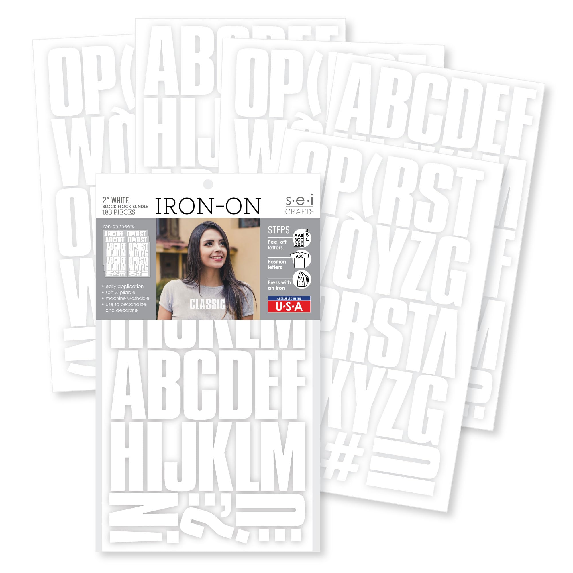 S.E.I 2-Inch Iron-on T-Shirt Letters, Block Letter Flock Heat Transfers ...