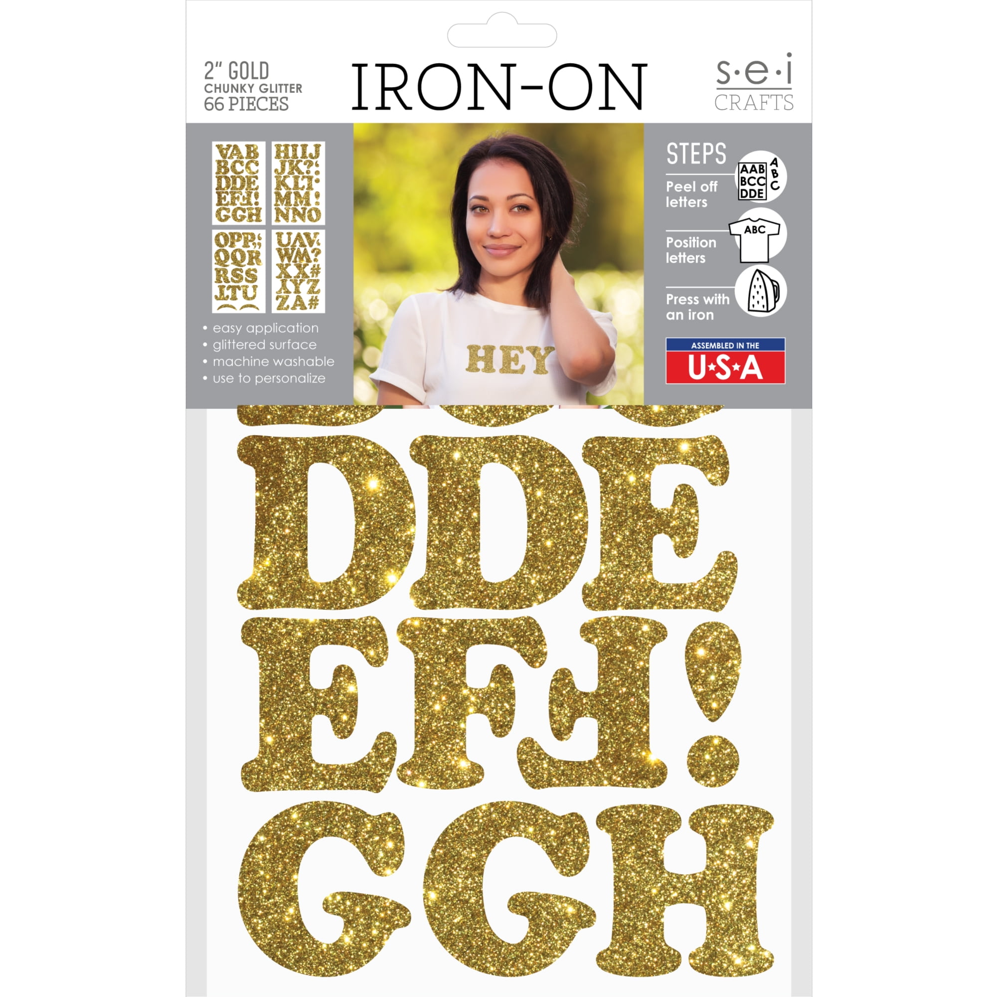 S.E.I. 2-inch Chunky Glitter Easy Iron-on Letters Transfer, Gold