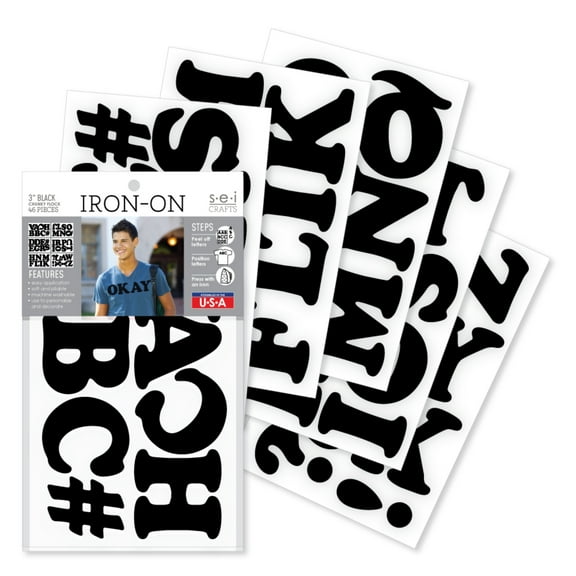 S.E.I. 3-inch Chunky Flock Iron-on Letters, Heat Transfers, Black