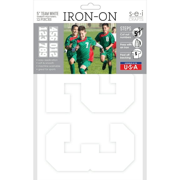 S.E.I. 5-inch Iron-on T-Shirt Numbers, Varsity Number Polyvinyl Heat Transfers, White