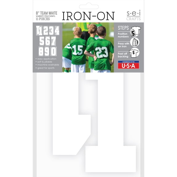 S.E.I. 8-inch Iron-on T-Shirt Numbers, Varsity Number Polyvinyl Heat Transfers, White