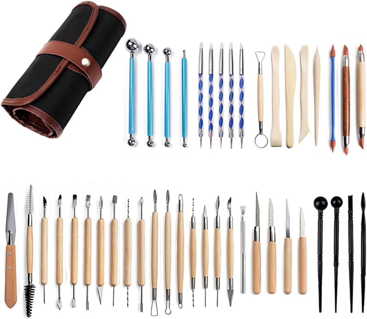 S & E TEACHER'S EDITION 43 Pcs Pottery Clay Sculpting Tools, Double Sided Ceramic Carving Tool Set with Carrying Case Bag, Modeling Smoothing