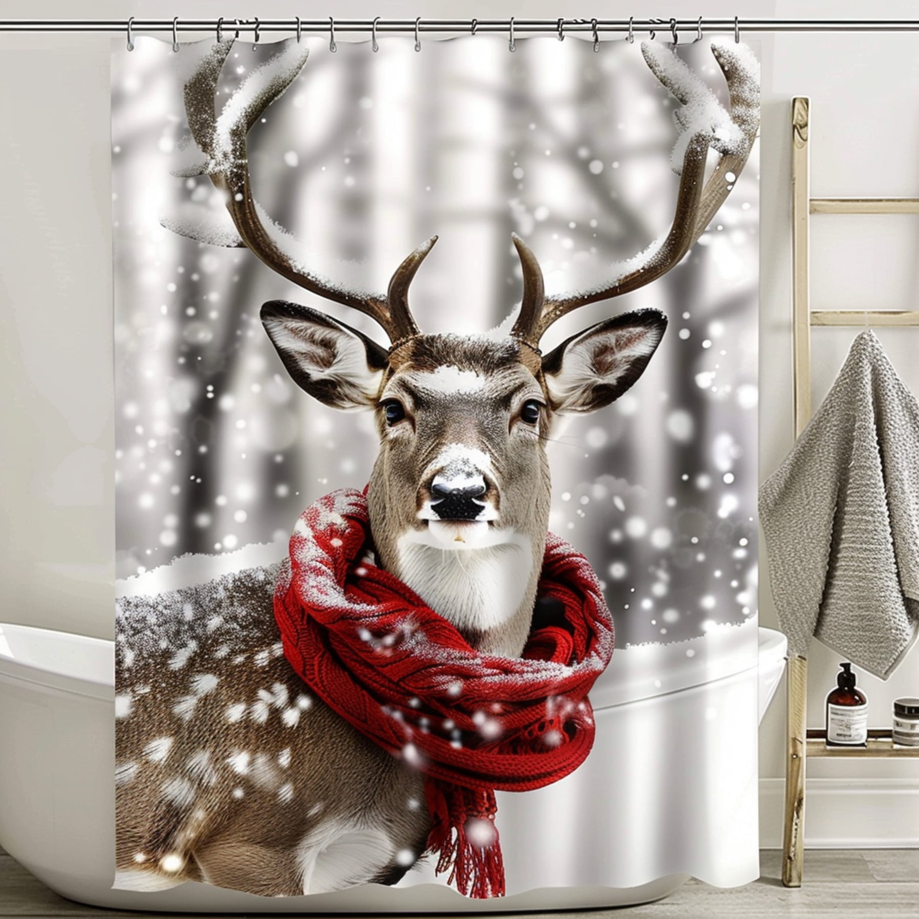 S Forest Deer Shower Curtain with Red Scarf Winter Bathroom Decor White
