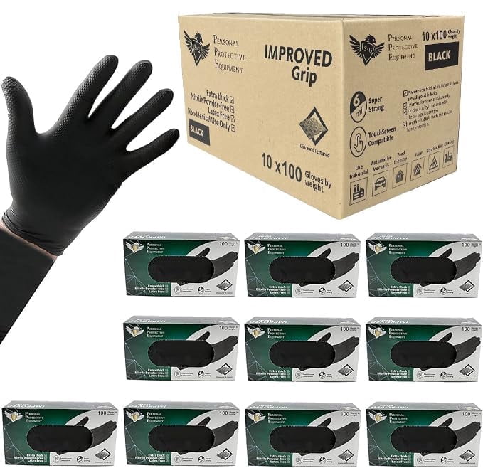 S&G Black Nitrile Gloves Heavy-Duty Latex & Powder Free - For Cleaning, Construction, Mechanic, Food Prep | 6 Mil - 1000 | Medium