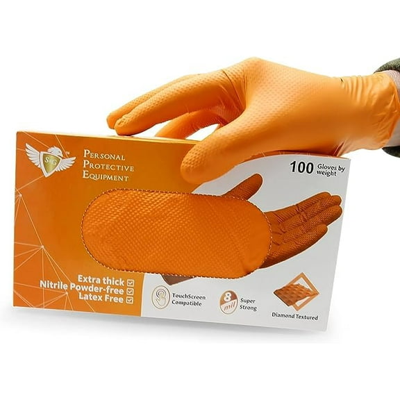 S&G Orange Nitrile Gloves | 100 Pcs | Medium | Disposable Latex-Free 8Mil Thick Heavy Duty Powder-Free for Mechanics, Industrial
