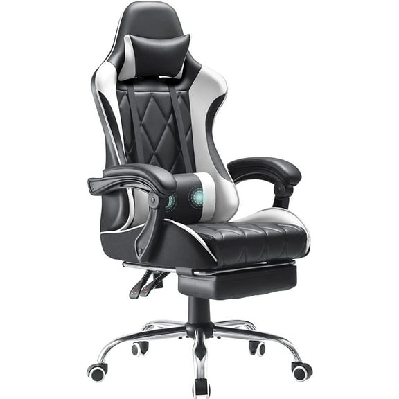 Gaming Chair, Computer Chair with Footrest and Massage Lumbar Support, Ergonomic High Back Video Game Chair with Swivel Seat and Headrest (White)