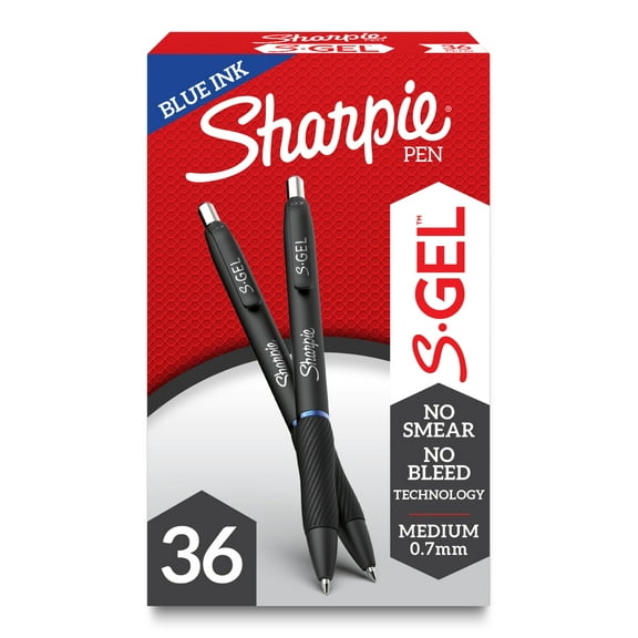 Sharpie S Gel Pens, Medium Point, 0.7 mm, Black/Blue Barrel, Blue Ink, Pack Of 36 Pens