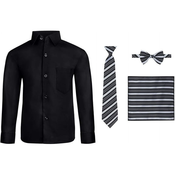 S.H. Churchill & Co. 4 Piece Boy's Dress Shirt Set with Long Tie, Bow Tie and Pocket Square
