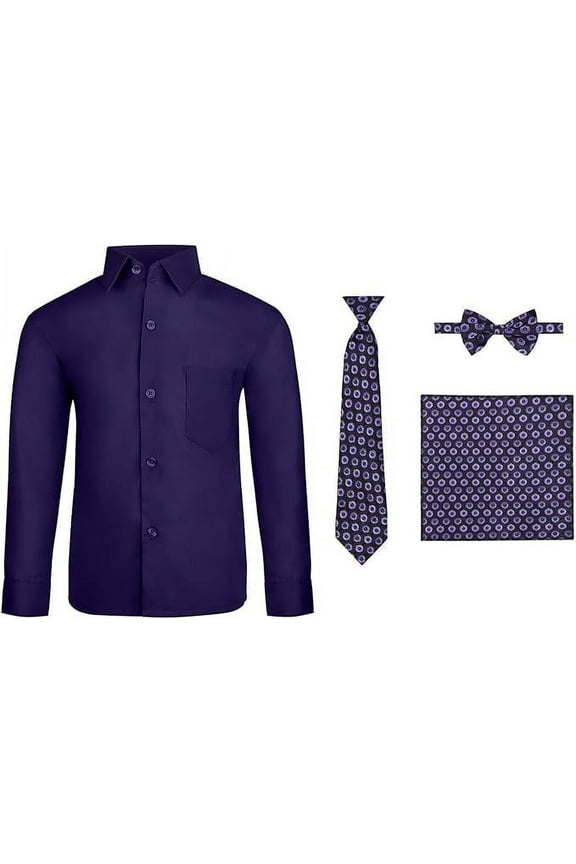 4 Piece Boy's Dress Shirt Set with Long Tie, Bow Tie and Pocket Square