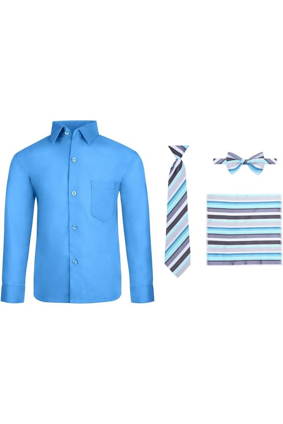 4 Piece Boy's Dress Shirt Set with Long Tie, Bow Tie and Pocket Square