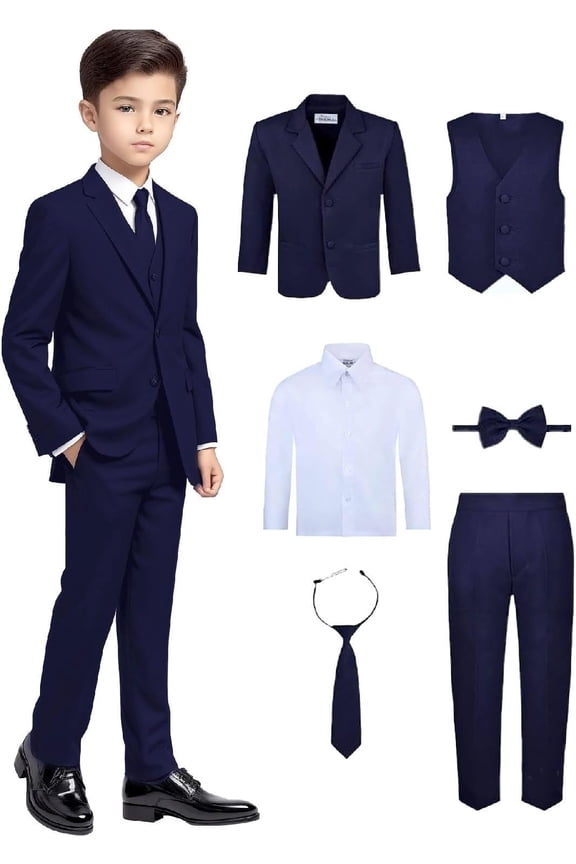 S.H. Churchill & Co 6-Piece Boy's Suit Set - Includes Suit Jacket, Dress Pants, Matching Vest, White Dress Shirt, Neck Tie & Bow Tie - Navy, 2T