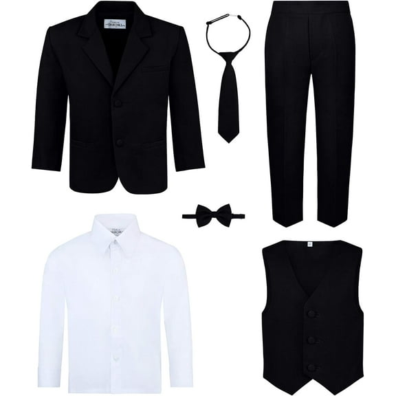 S.H. Churchill & Co 6-Piece Boy's Suit Set - Includes Suit Jacket, Dress Pants, Matching Vest, White Dress Shirt, Neck Tie & Bow Tie -Black, 14