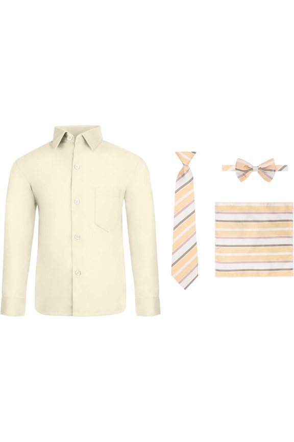 4 Piece Boy's Dress Shirt Set with Long Tie, Bow Tie and Pocket Square
