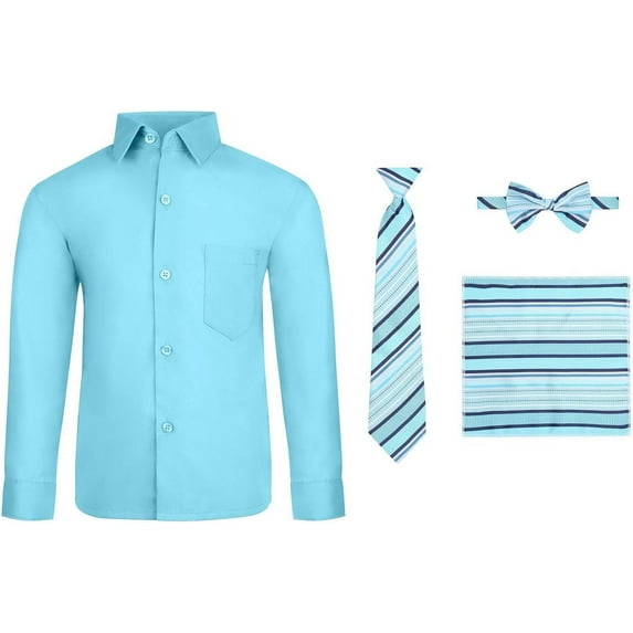 S.H. Churchill & Co. 4 Piece Boy's Dress Shirt Set with Long Tie, Bow Tie and Pocket Square