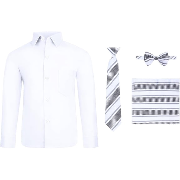 S.H. Churchill & Co. 4 Piece Boy's Dress Shirt Set with Long Tie, Bow Tie and Pocket Square