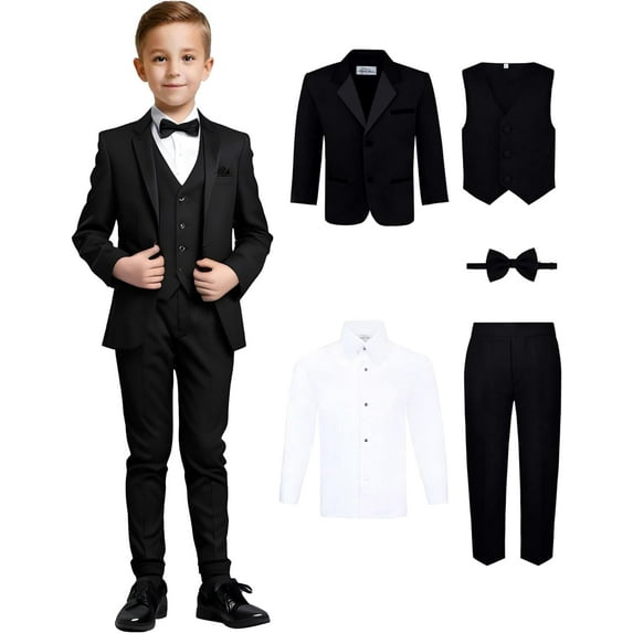 S.H. Churchill & Co 5-Piece Boys' Tuxedo Suit Set | Includes a Premium Formal Jacket, Pants, Shirt, Vest , and Bow Tie