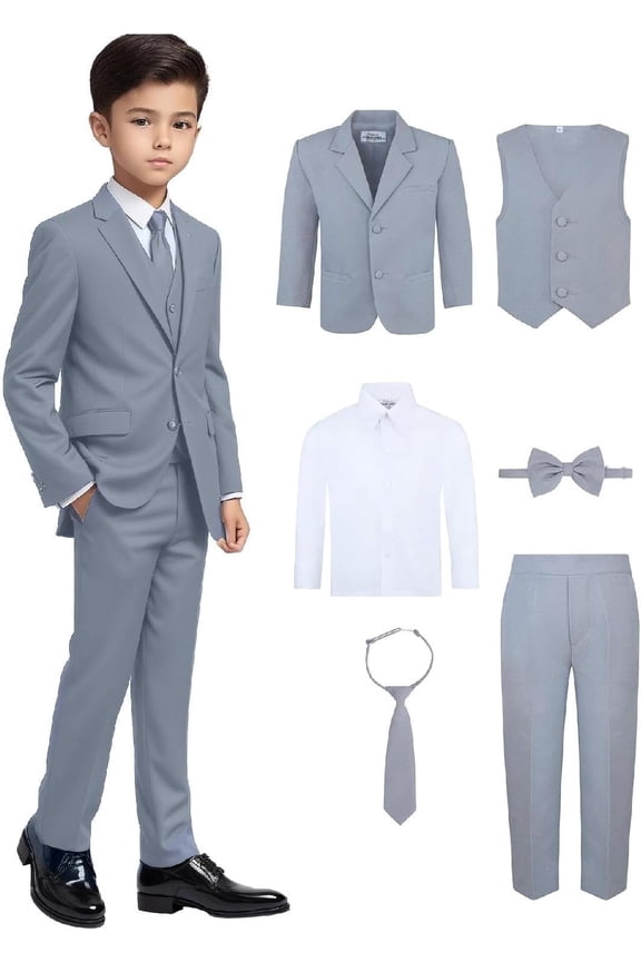 S.H. Churchill & Co 6-Piece Boy's Suit Set - Includes Suit Jacket, Dress Pants, Matching Vest, White Dress Shirt, Neck Tie & Bow Tie - Grey, 2T