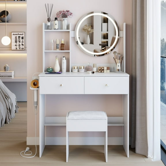 S-HOME 17 Inch Round LED Mirror Vanity Set Featuring A Cushioned Stool, Touch Switch, And Large Desktop Storage