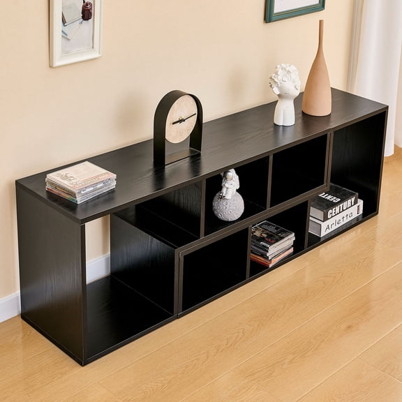 S-HOME 2 Shelf Bookcase L-Shaped TV Console Stand in Sleek Finish with Combination Storage for Media Organization，Black