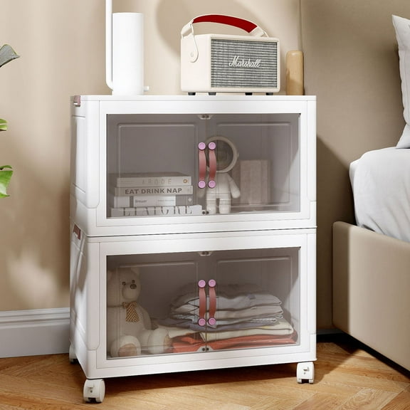 S-HOME 2-Tier Collapsible Multi-Functional Storage Cabinet, White, Non-Toxic PP Plastic