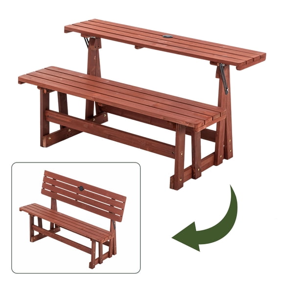 S-HOME 2-in-1 Convertible Bench Picnic Table Outdoor Folding Dining Set with Backrest and Umbrella Hole Solid Wood