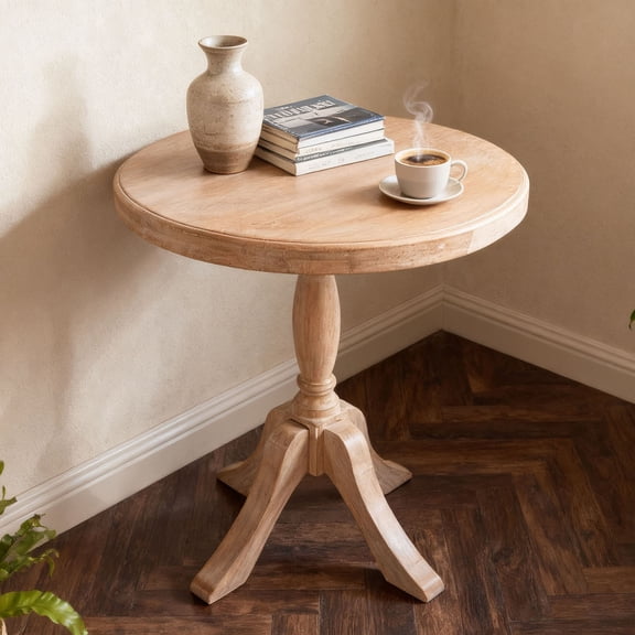 S-HOME 23.6 Inch Round Wooden End Table In Natural Finish With Two Stand Heights For Living Room, Bedroom Or Entryway