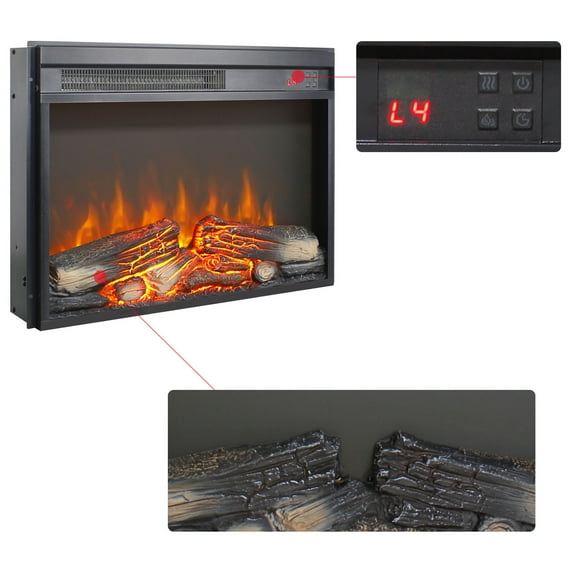 S-HOME 23 inch electric fireplace insert, ultra thin heater with log set & realistic flame, remote control with timer, overheating protection