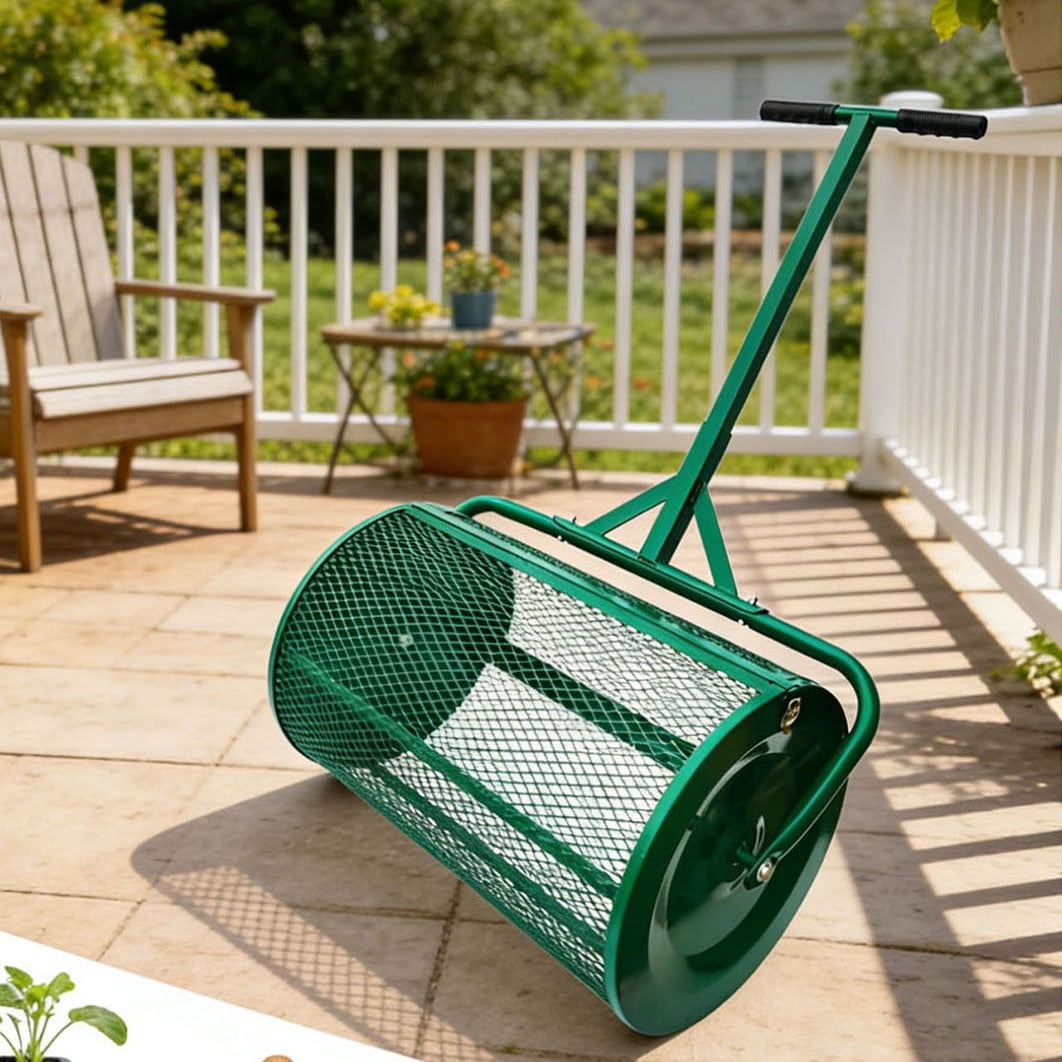S-HOME 24 Inch Lawn and Garden Spreader Roller with Upgraded Side Clasps for Compost, Sand, and Manure with Adjustable Handle and Rust Resistant Metal Basket