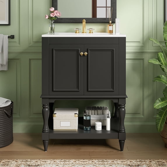 S-HOME 24 Inch Modern Bathroom Vanity with White Ceramic Sink, Cabinet with Open Shelf & Closed Storage Space