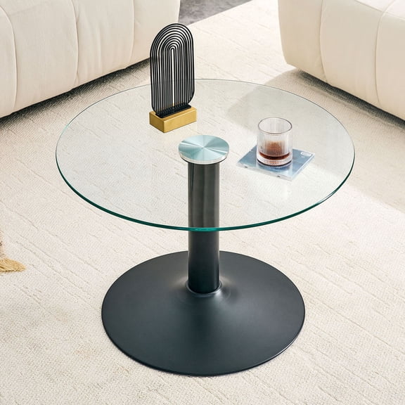 S-HOME 27.5 Inch High Round Transparency Tempered Glass Coffee Table Versatile Design with Classic Metal Base for Living Room or Study Small Apartments , Black,Transparent