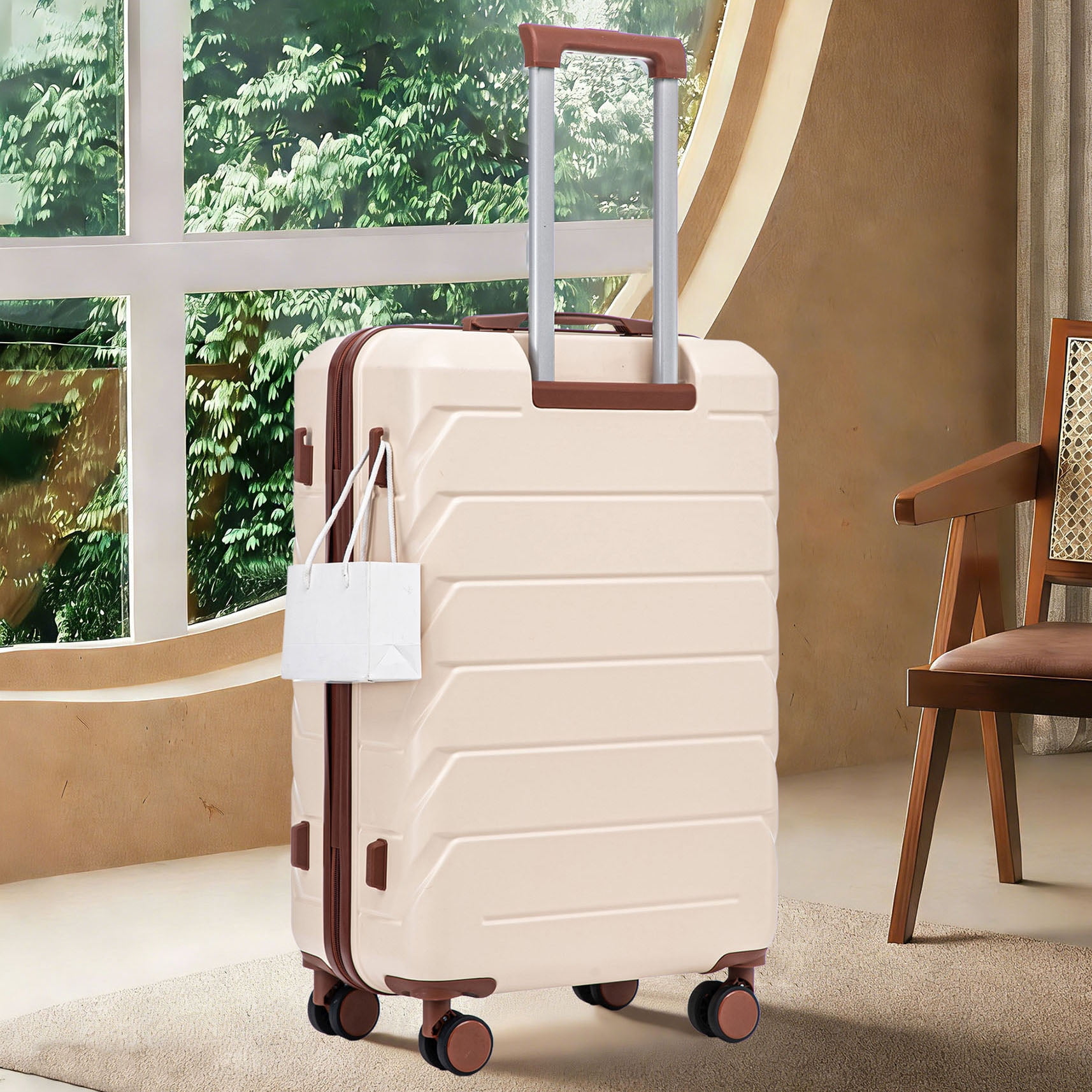 S-HOME 28 Inch Scratch Resistant ABS Hard Shell Checked Luggage With Four Multi-Directional Wheels And Combination Lock, Beige