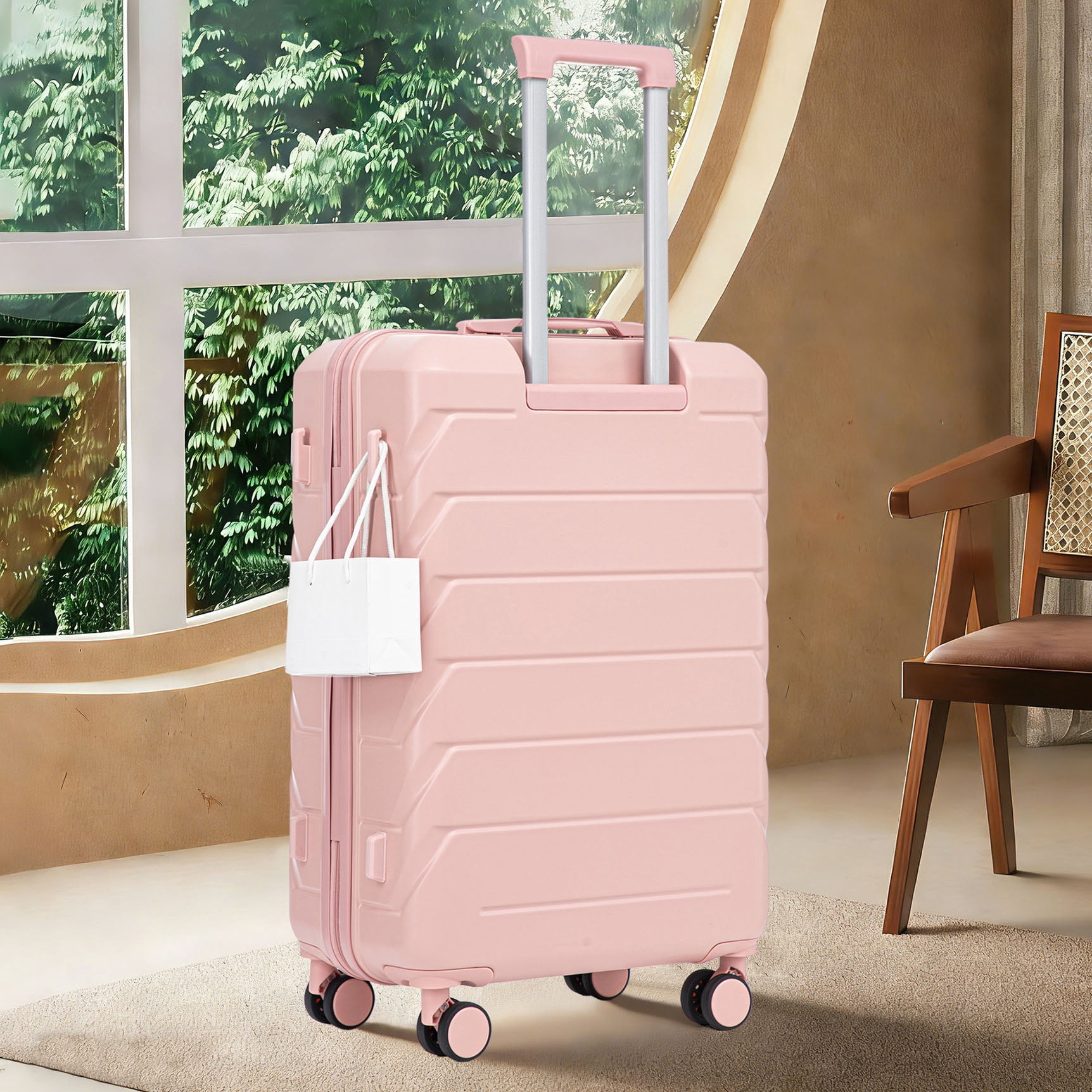 S-HOME 28 Inch Scratch Resistant ABS Hard Shell Checked Luggage With Four Multi-Directional Wheels And Combination Lock, Pink