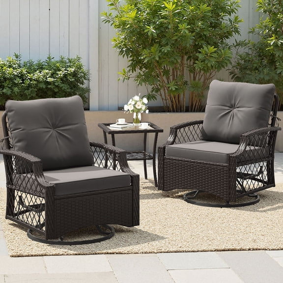 S-HOME 3-Piece Patio Furniture Set, Wicker Outdoor Bistro Set Swivel Glider Patio Chairs x 2 with Cushions, Side Table x 1, for Backyard Entertainment, Grey