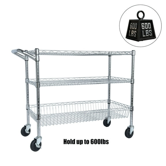 S-HOME 3 Tier Heavy Duty Rolling Cart with Handle Bar and Shelf Liners, Chrome Finish, 36"x18"x32" for Plant Display