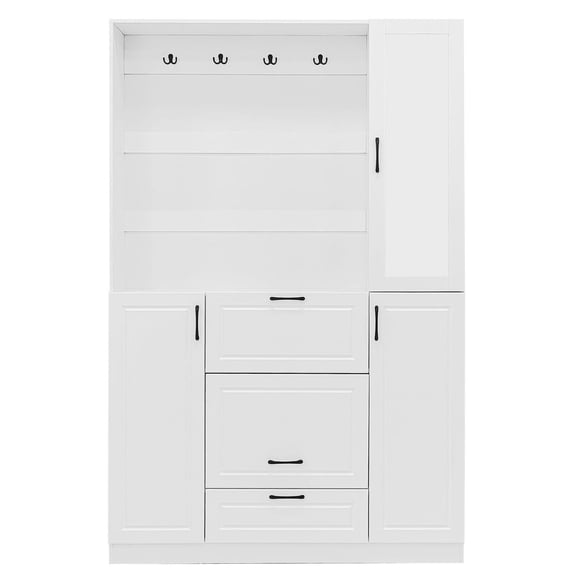 S-HOME 3-in-1 Entryway Bench with Mirrored Cabinet Door and Integrated Shoe Storage, 51.1 Inch Hall Tree with 4 Hooks for Organized Entrances