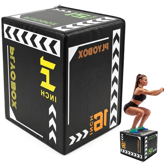 S-HOME 3-in-1 High-Density Black Foam Plyo Box with Non-Slip PVC and High-Density EPE Core , Adjustable 12/14/16 Inch for Home Gym and Rehab Training