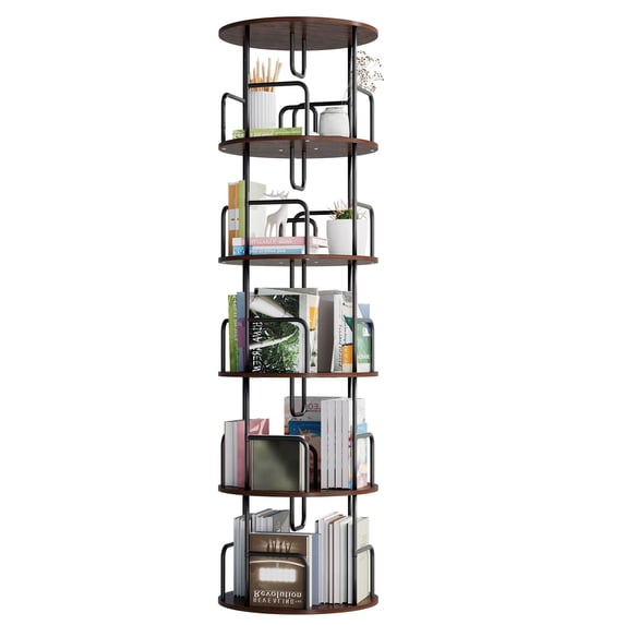 S-HOME 360 Degree Rotating Bookshelf Tower in Design with 5 Tier Shelves for Efficient Storage and Display in Any Room, Walnut Brown