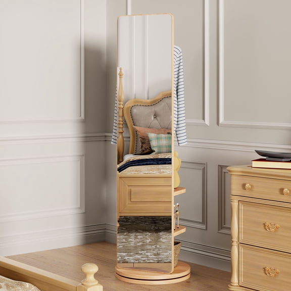 S-HOME 360 Degree Rotating Full Length Mirror With Coat Rack Natural Wood 69"x16" Space Saving Multifunctional Design For Bedroom And Living Room