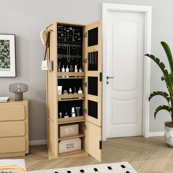 S-HOME 360 Degree Rotating Makeup Cabinet With Full-Length Mirror, Space-Saving Storage Unit For Jewelry And Accessories,Walnut