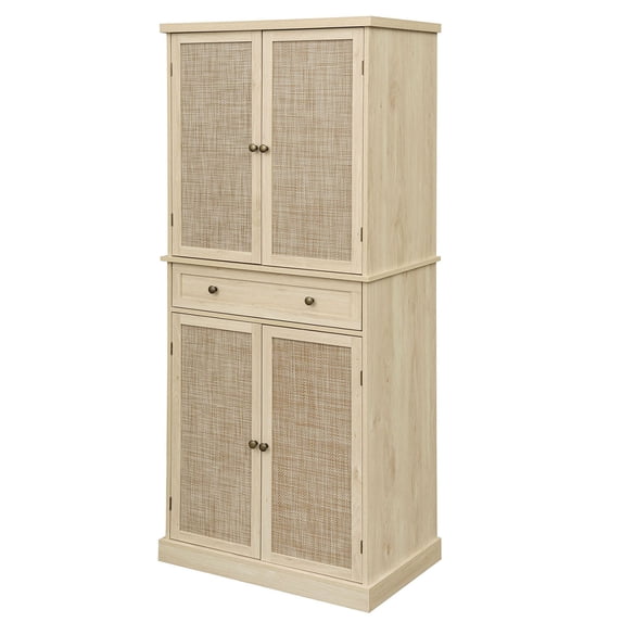 S-HOME 4 Door Storage Cabinet Featuring 1 Drawer and Adjustable Shelves in Engineered Rattan for Home Organization, Natural