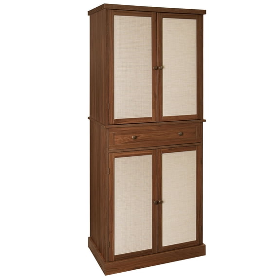 S-HOME 4 Door Storage Cabinet Featuring 1 Drawer and Adjustable Shelves in Engineered Rattan for Home Organization, Walnut